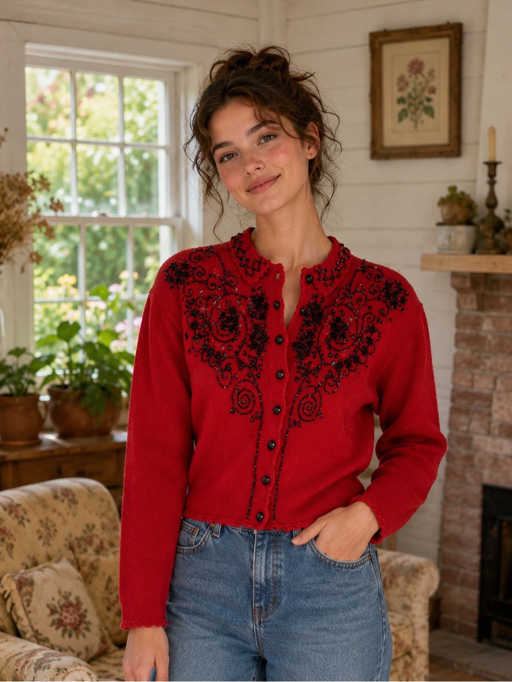 VTG Red Embroidered beaded Women's collared Sweater shoulder pads